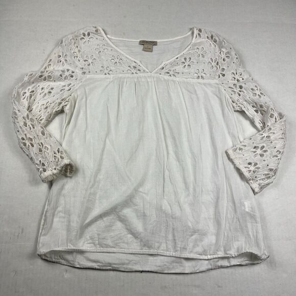 Lucky Brand Tops - Lucky Brand White Eyelet Boho Blouse 3/4 Sleeve Festival Cottagecore Shirt Large